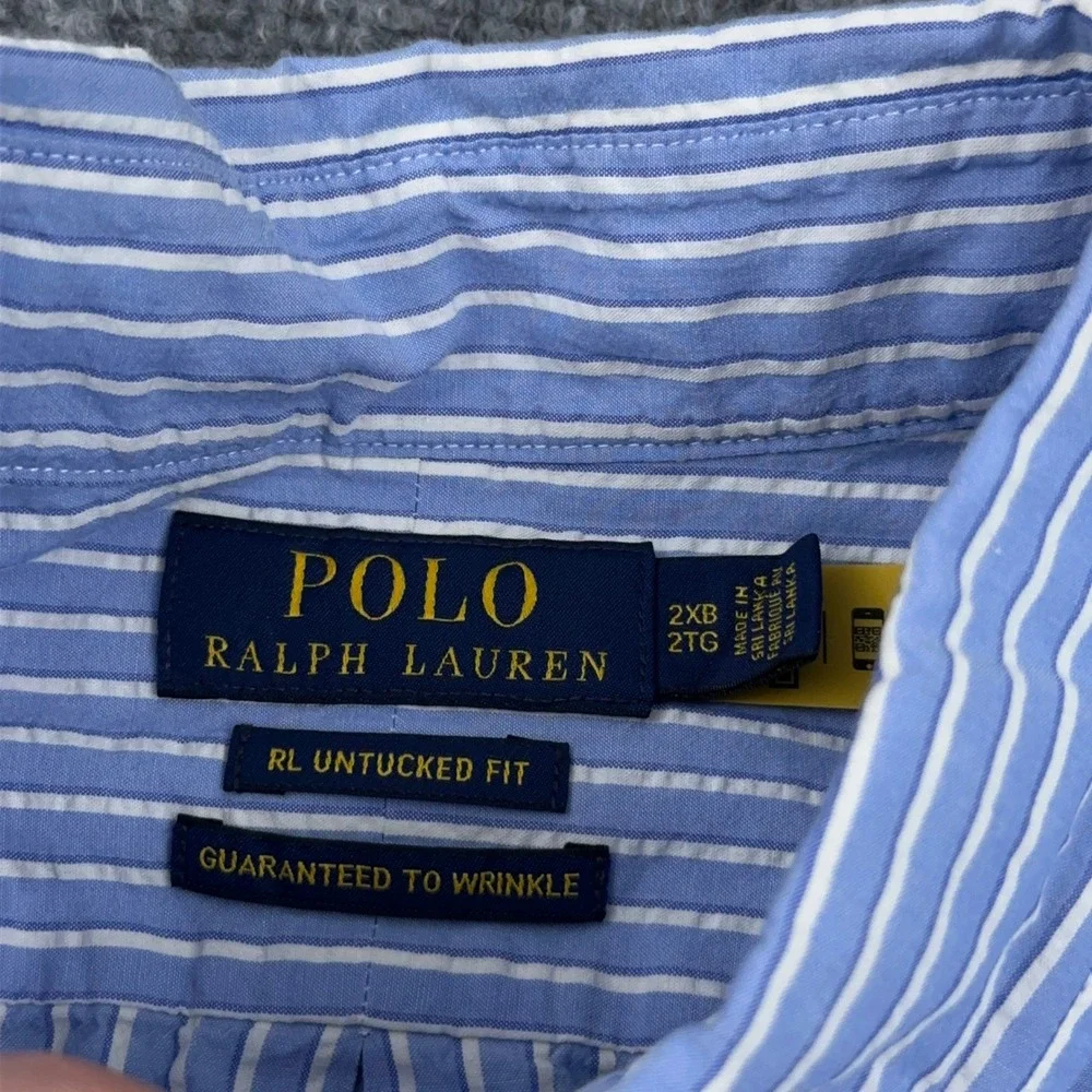 Polo Ralph Lauren Seersucker Sport Shirt Mens 2XB Blue Striped RL Untucked Fit